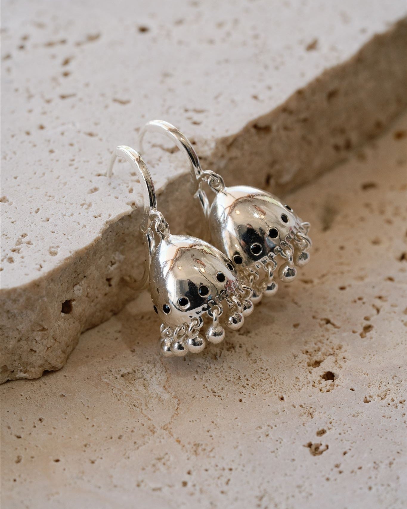 Lakoen Raya Earrings in Sterling Silver and Black Onyx Vintage inspired bell design