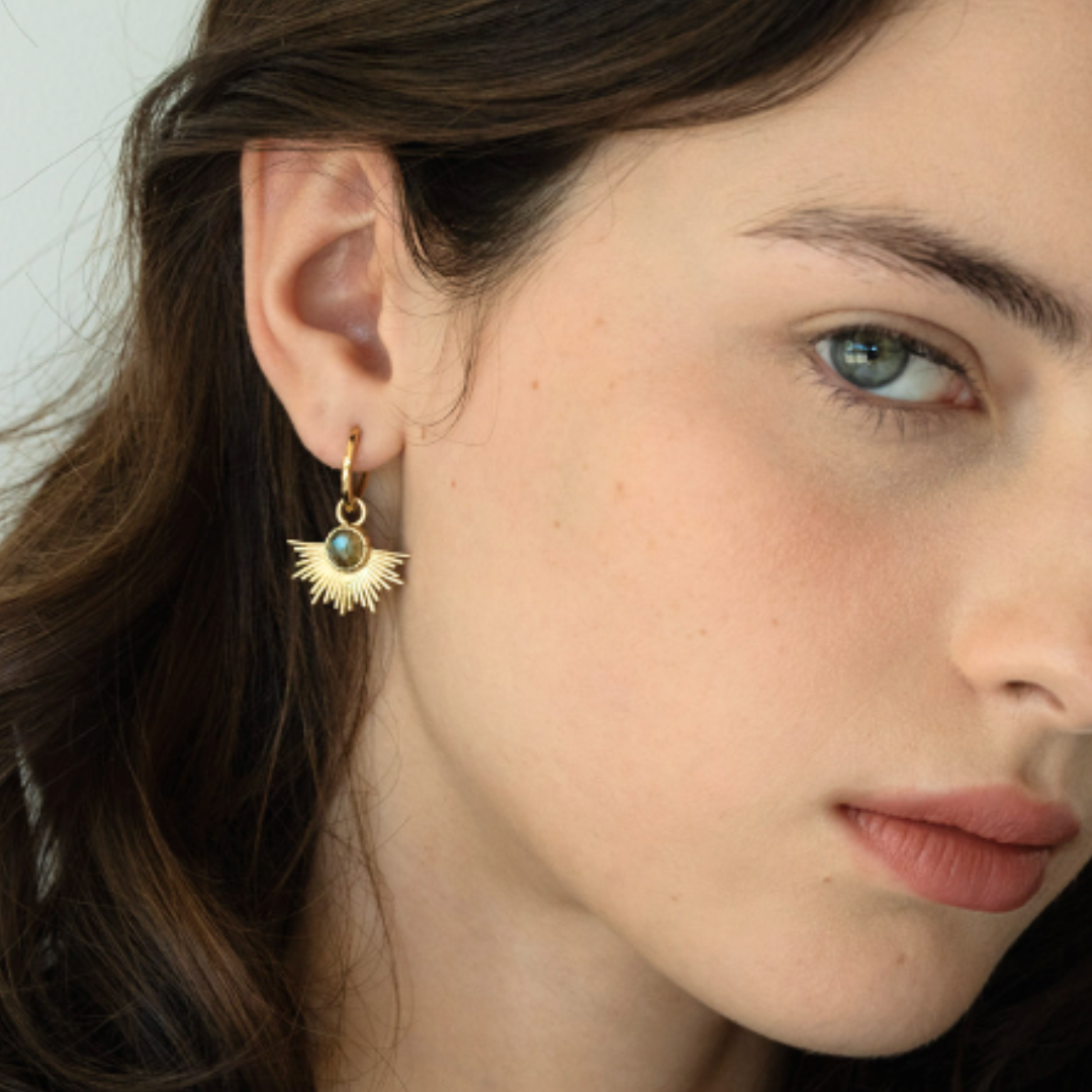 Lakoen Celeste earrings in polished brass with faceted labradorite and a halo of brass strands. Clear plated