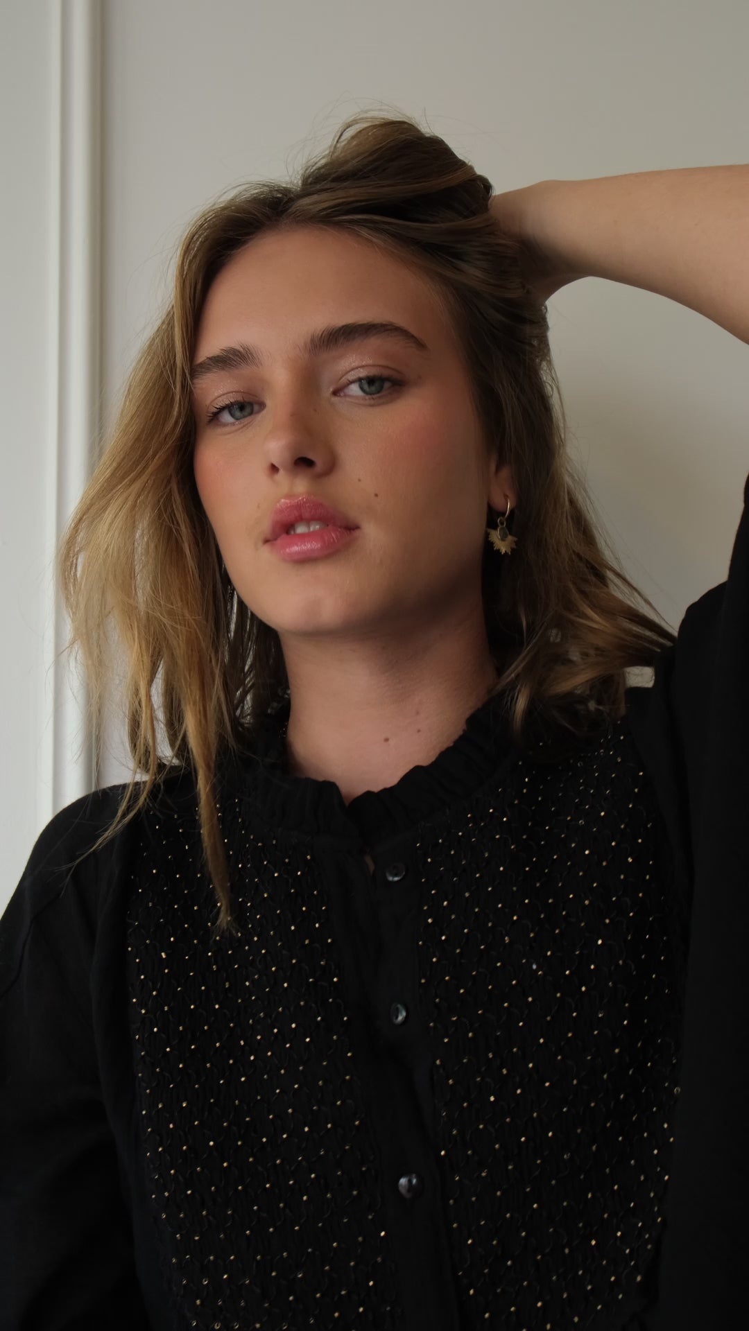 Lakoen Yuki Blouse in Black smocked cotton with gold delicate hand-beading