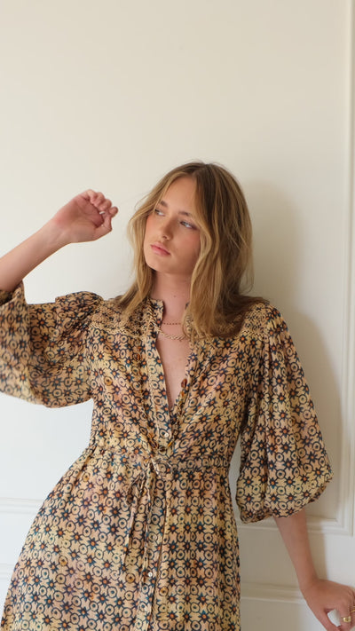 Lakoen Laurent Mini Dress In odyssey print fine cotton with full sleeve and gathered skirt