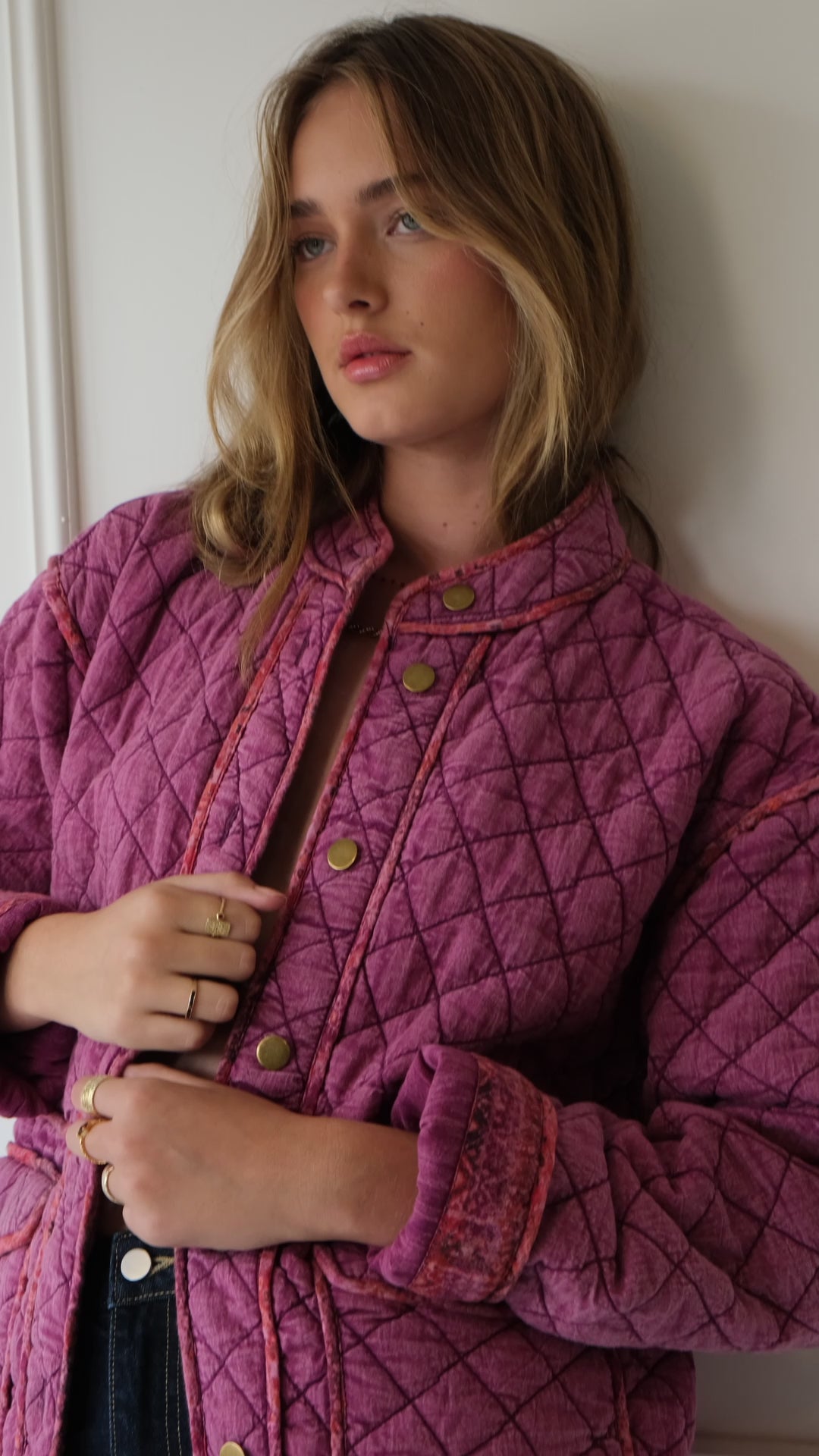 Lakoen Frankie jacket in quilted fushia cotton with brass buttons