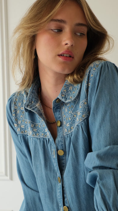 Lakoen denim dahlia blouse with embroidered yoke and brass buttons